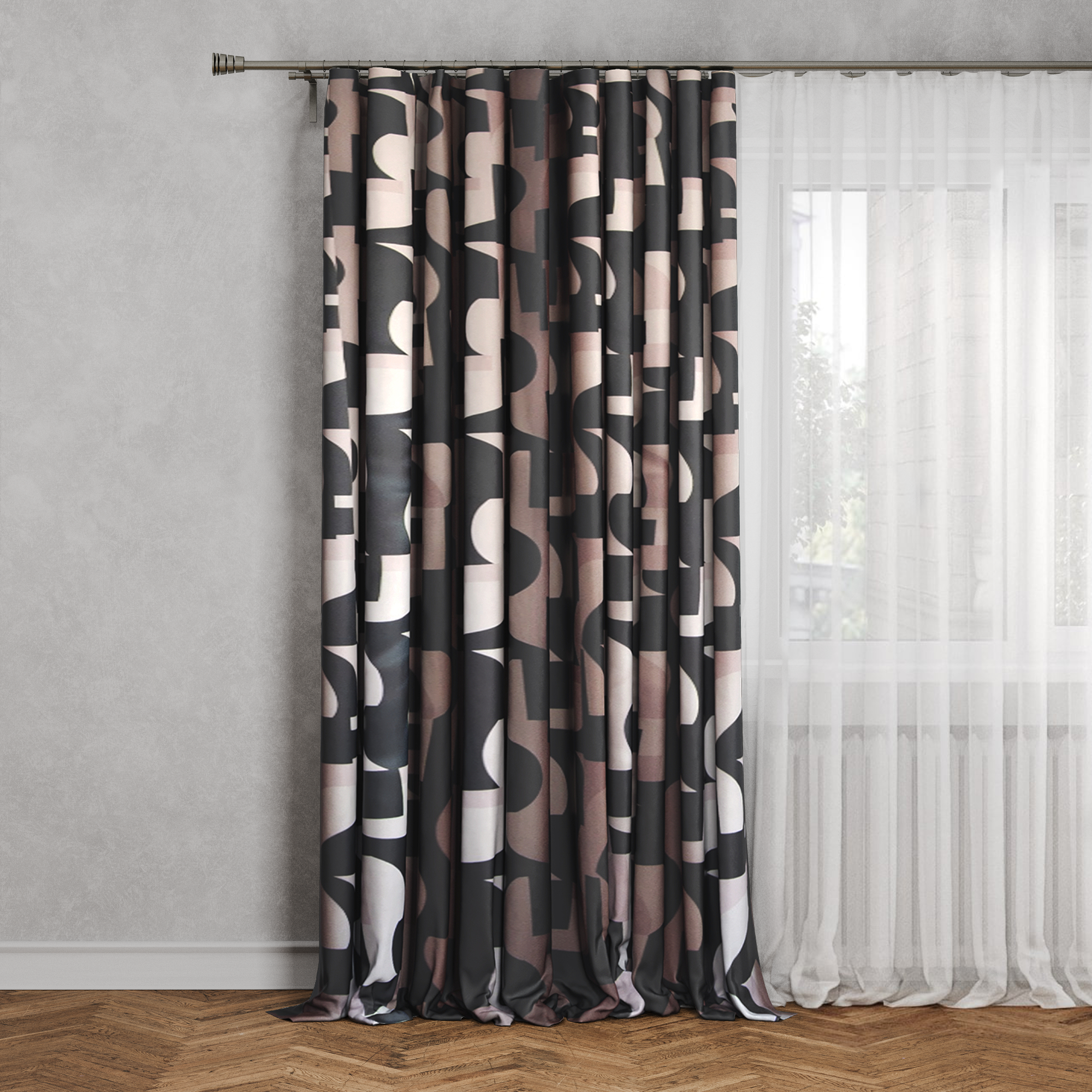 Изображение товара Современная штора на ленте димаут Абстракция 150x260 см бежево-черная для гостиной