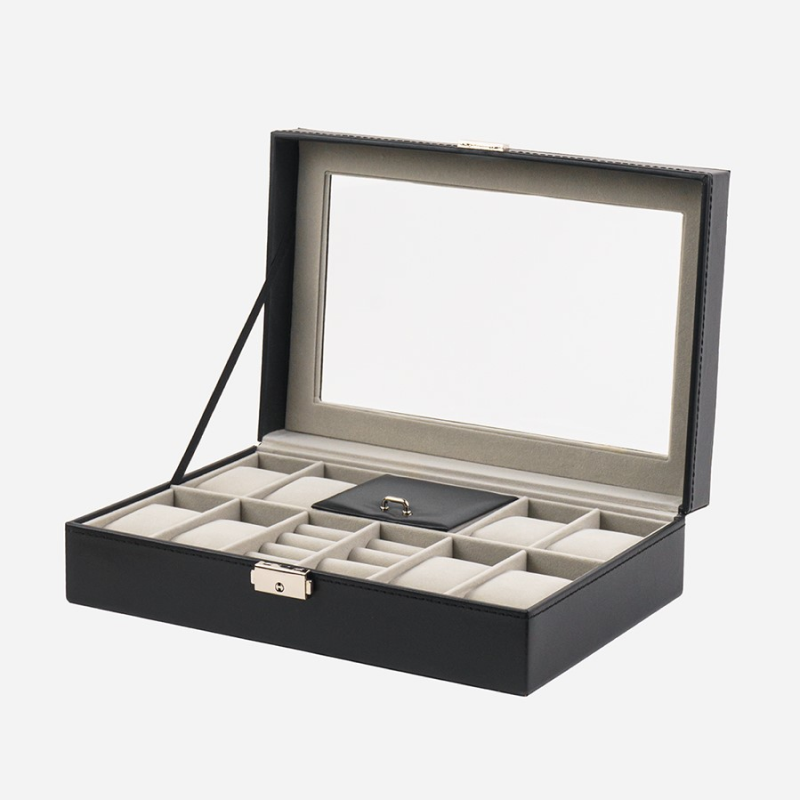 Изображение товара Декоративная шкатулка CLOX W22 20x8 см черная — органайзер для часов и бижутерии