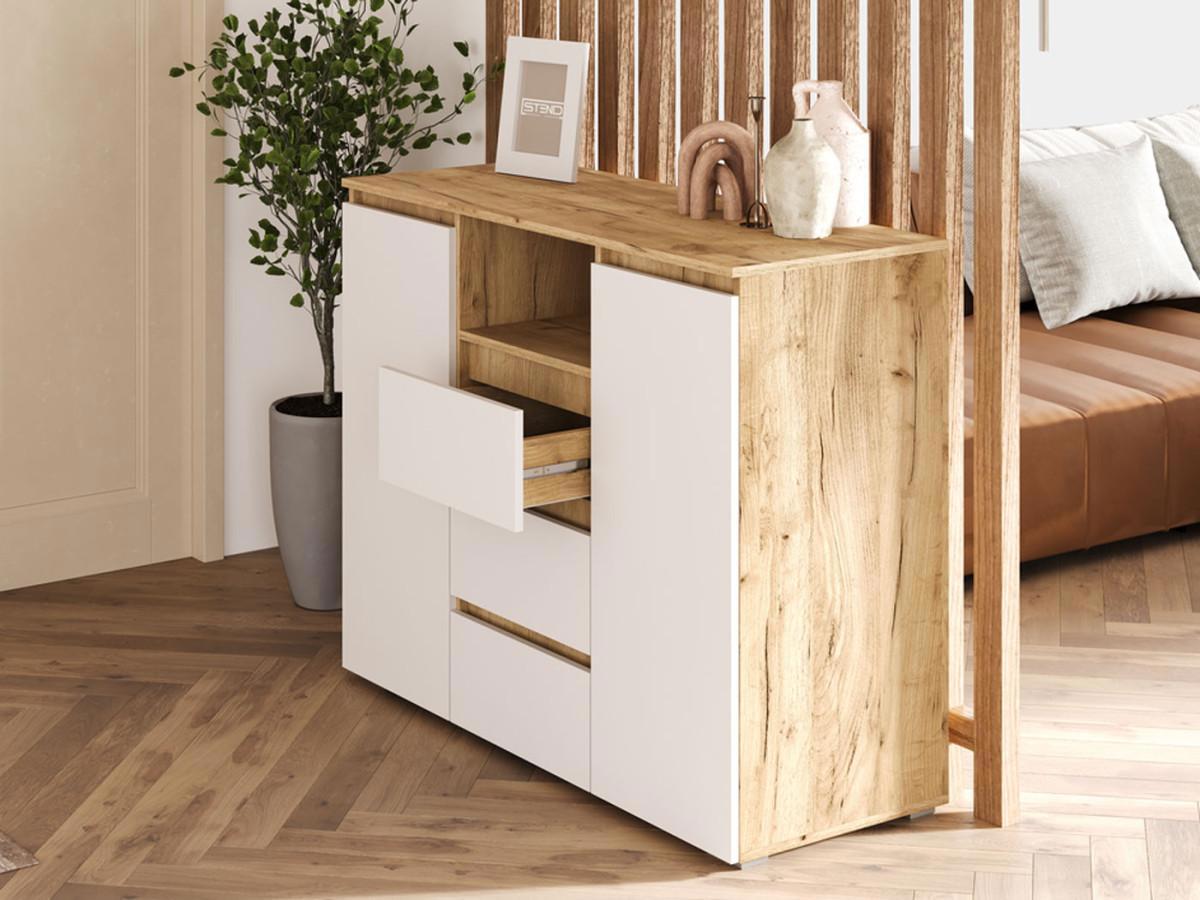 Изображение товара Комод Стендмебель Хелен 3 ящика 120.2x46x95.8 см ЛДСП цвет белый/дуб крафт золотой