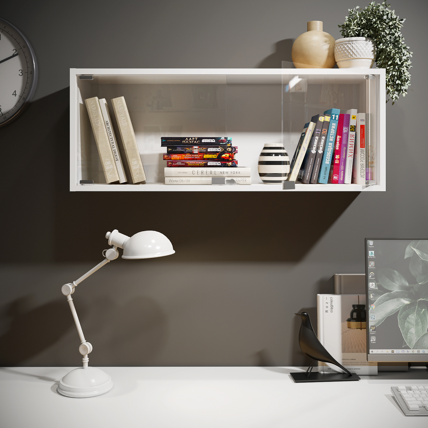 Изображение товара Настенная полка для книг со стеклянными дверцами 90x25 см белая ЛДСП