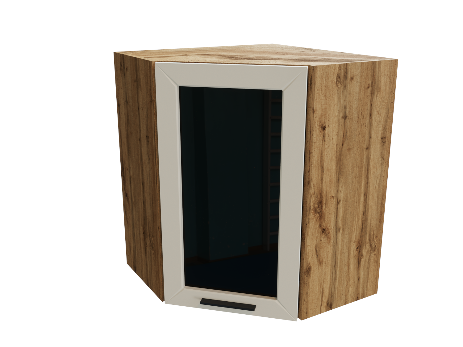 Изображение товара Навесной шкаф Глетчер угловой со стеклом 59.20x71.60x59.20 см фасад белый МДФ каркас дуб вотан ЛДСП Сурская Мебель