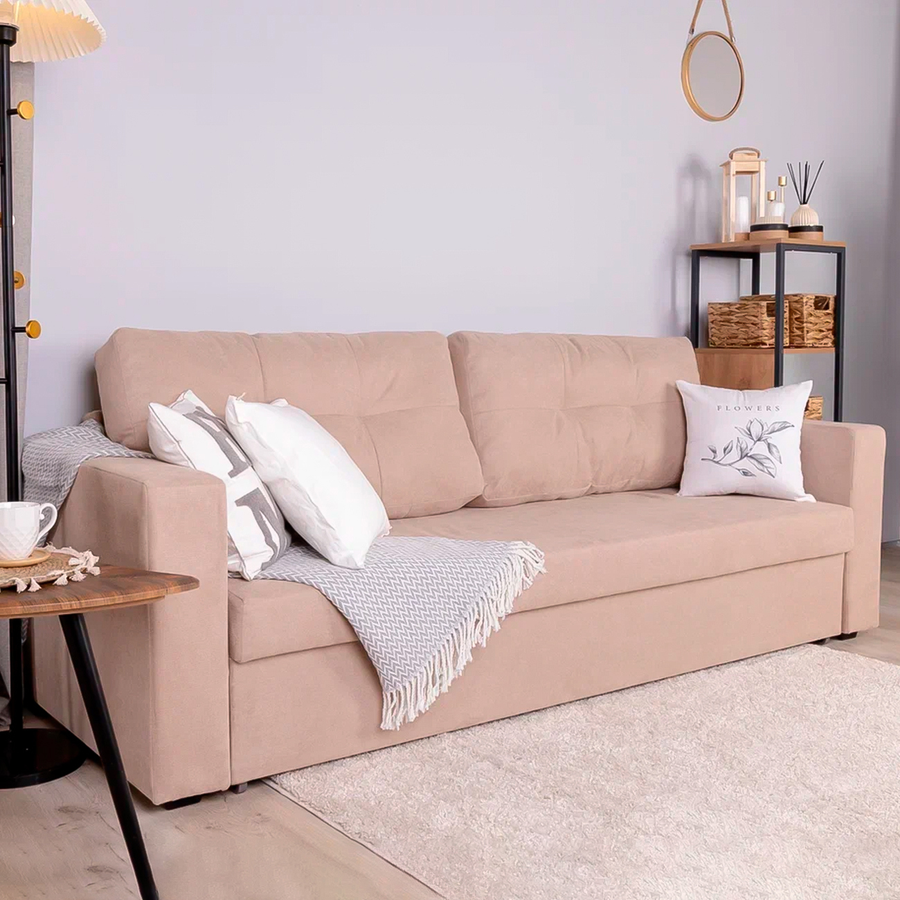 Изображение товара Диван Doma Аракуль раскладной бежевый велюр 222x81x82 см с ящиком