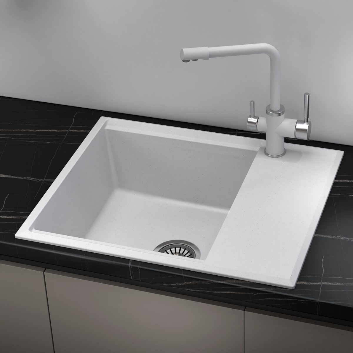 Изображение товара Мойка для кухни врезная Online comfort 6203 62x50 см глубина чаши 20 см кварцевый песок цвет белый