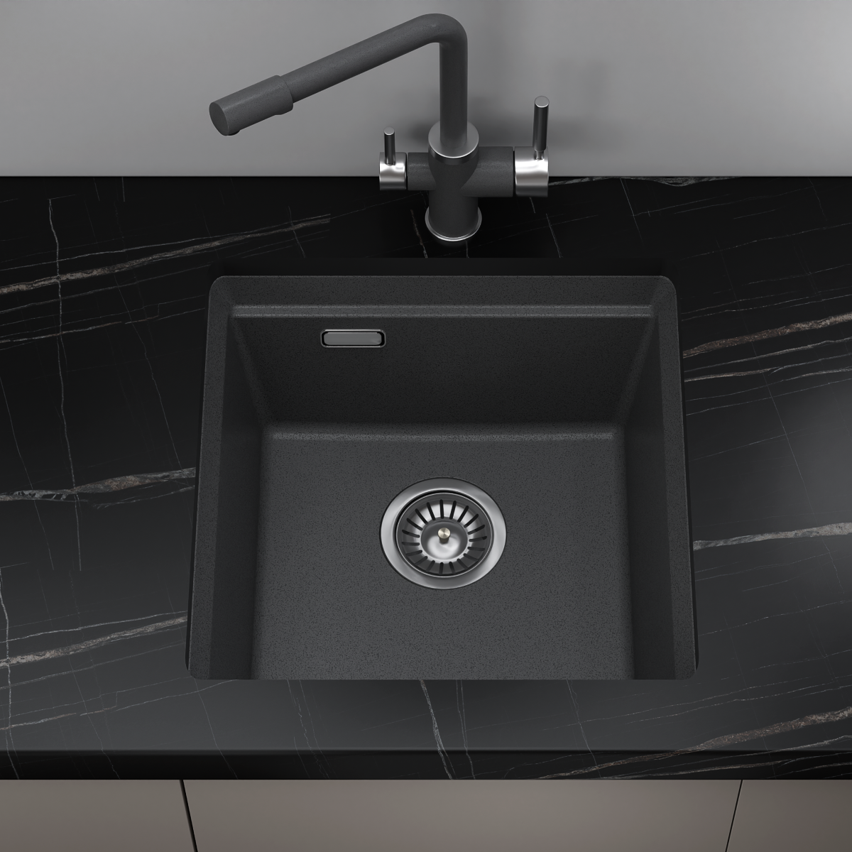 Изображение товара Мойка для кухни Online Comfort врезная/подстольная 4553 45.50x45 см глубина чаши 20 см кварцевый песок цвет графит