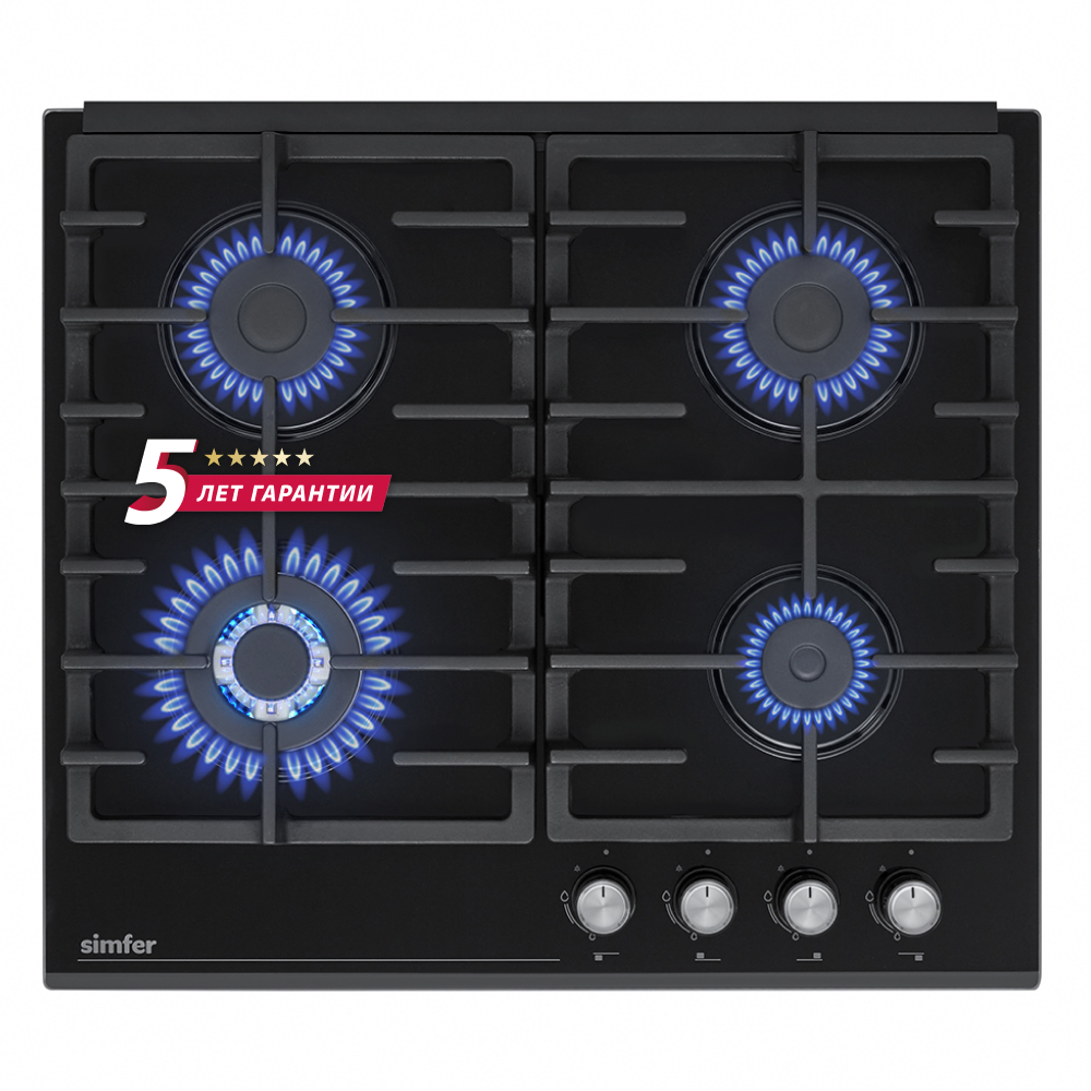 Изображение товара Газовая варочная панель Simfer H60H41S570 60 см 4 конфорки цвет черное стекло