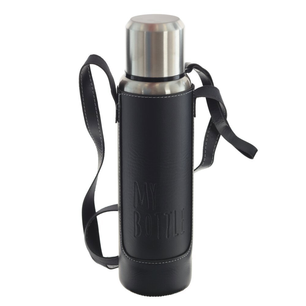 Изображение товара Термос 1200 мл металлический с ситечком и чехлом черный