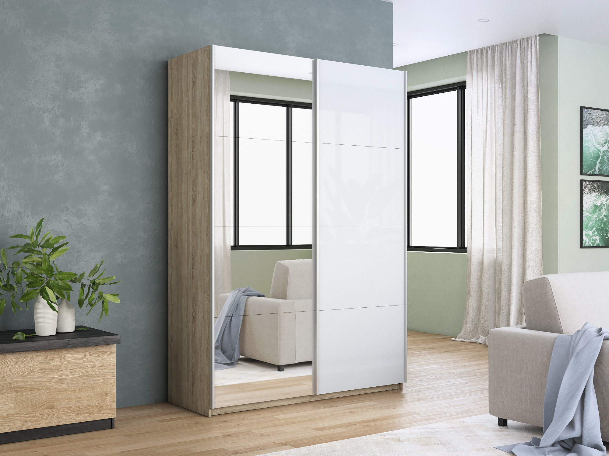 Изображение товара Шкаф-купе серии Прайм двух дверный 230x140x57 см с зеркалом ЛДСП цвет дуб сонома