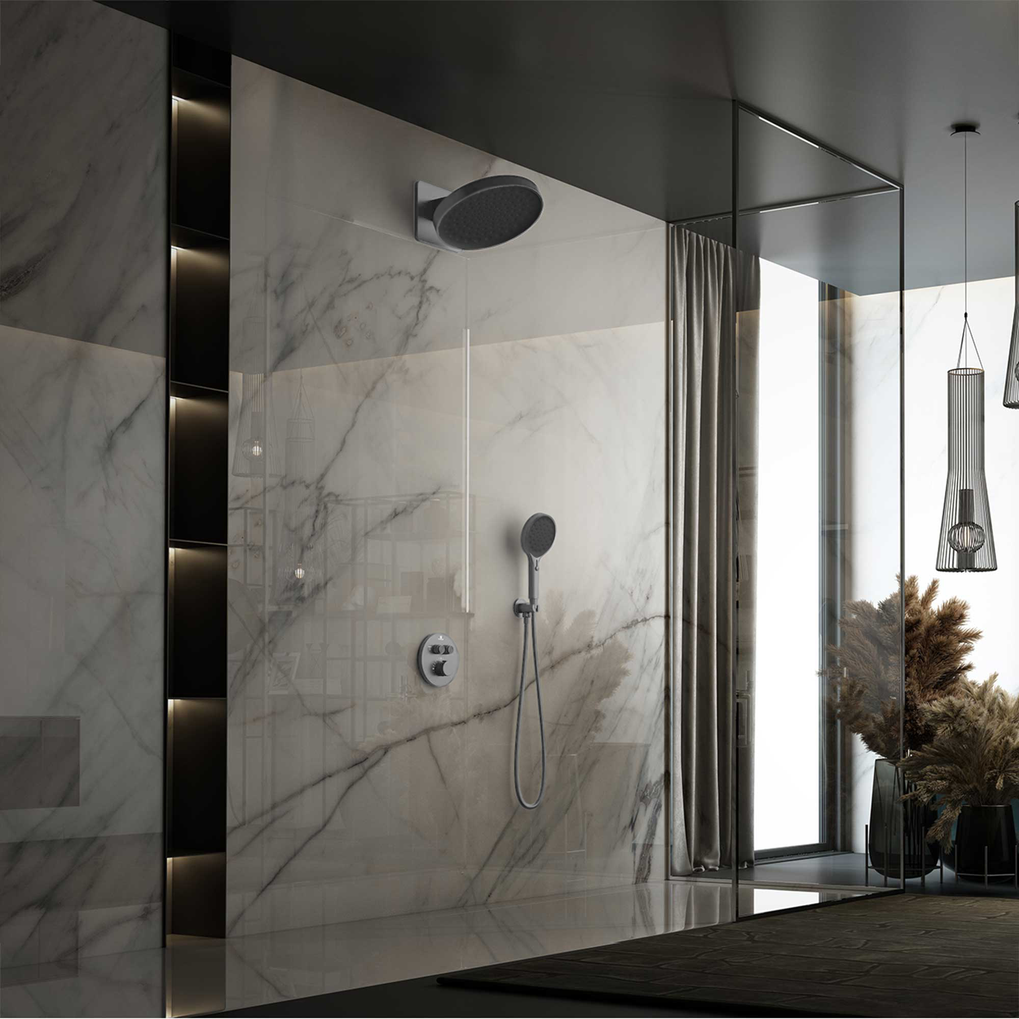 Изображение товара Встраиваемая душевая система Vincea Inspire VSFW-3I22MT3GM вороненая сталь с термостатом