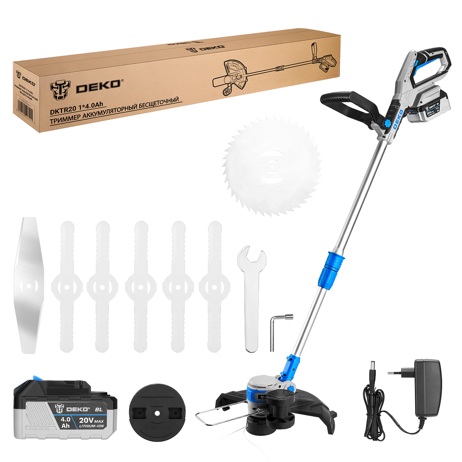 Изображение товара Аккумуляторный бесщёточный триммер DEKO DKTR20 20 В 2x4 Ач комплект