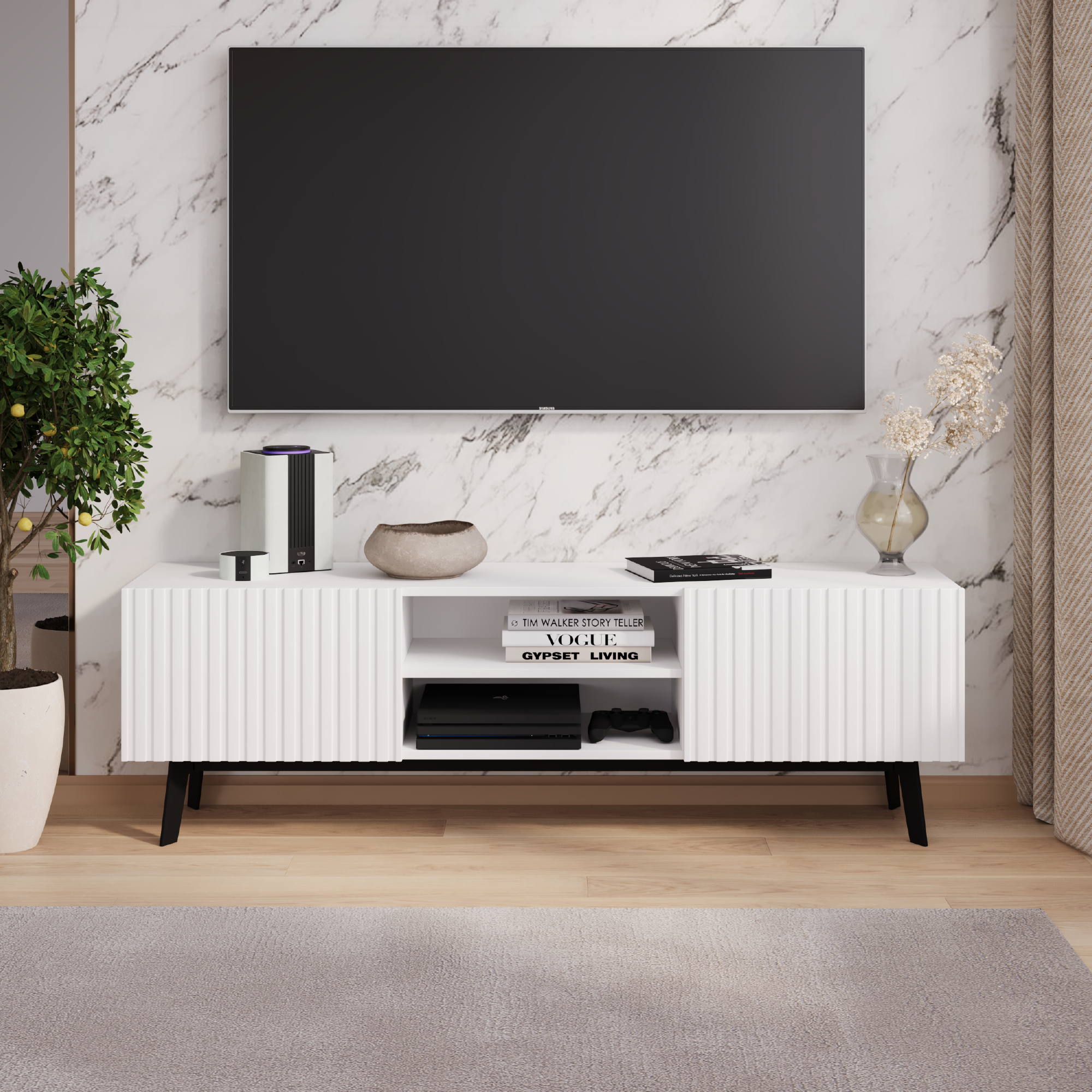 Изображение товара Тумба под телевизор ELEKAM Konsul белая с ящиками и открытой полкой