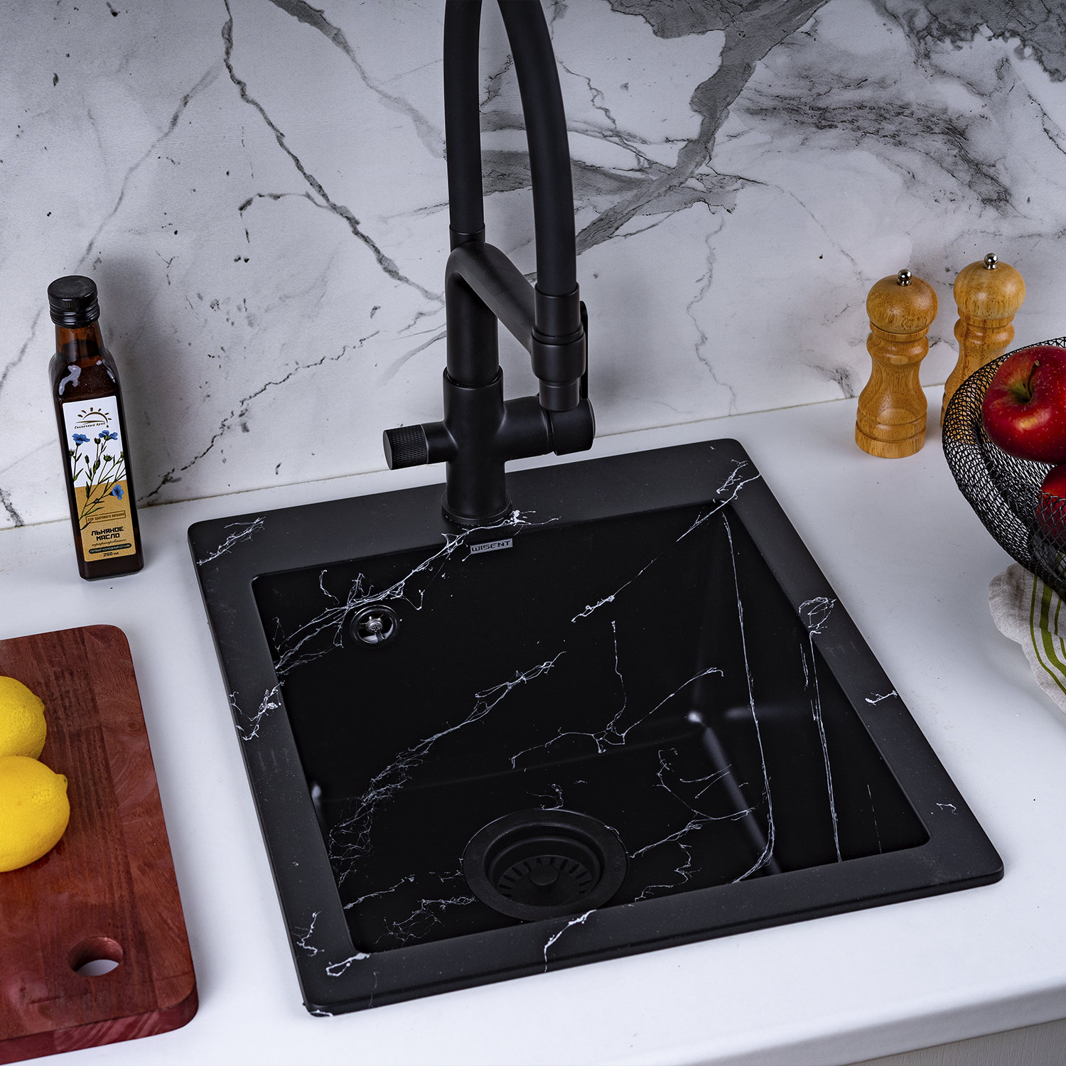 Изображение товара Мойка для кухни из искусственного камня Wisent WA10-11 Мрамор Черно-белый 480x410
