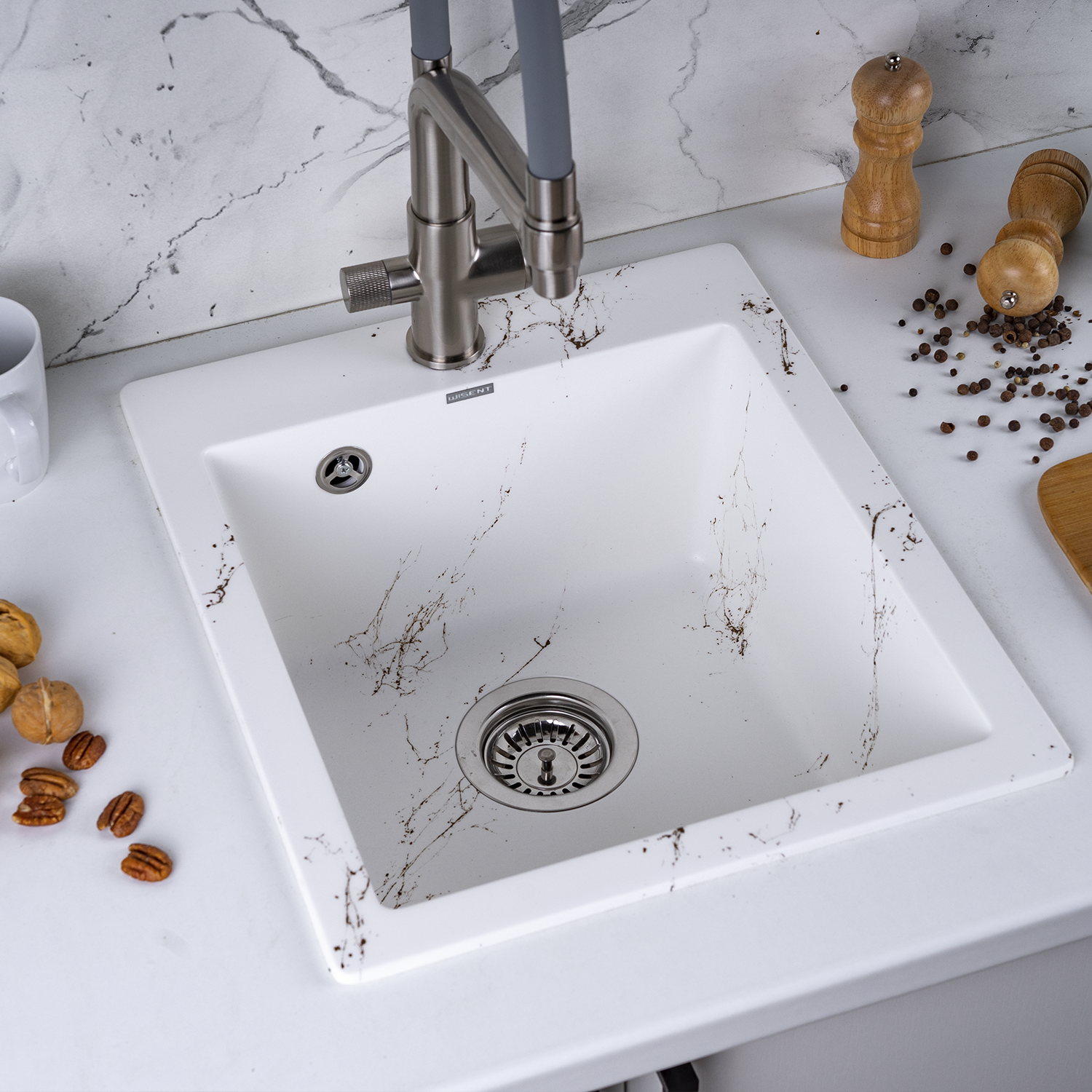 Изображение товара Мойка для кухни из искусственного камня Wisent WA10-13 Мрамор Бело-золотой 480x410