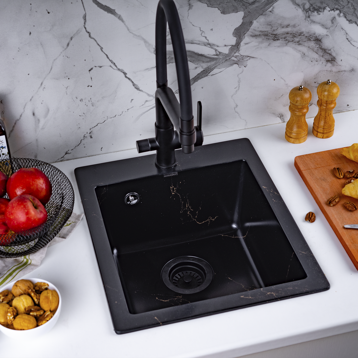 Изображение товара Мойка для кухни из искусственного камня WISENT WA10-14 Черный мрамор