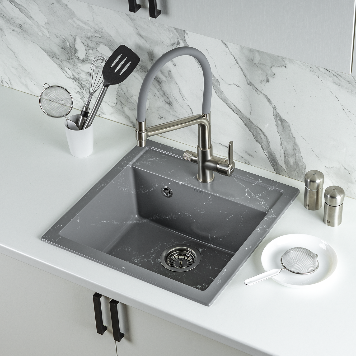 Изображение товара Мойка для кухни из искусственного камня WISENT WA11-17 Мрамор Серо-белый 505x510