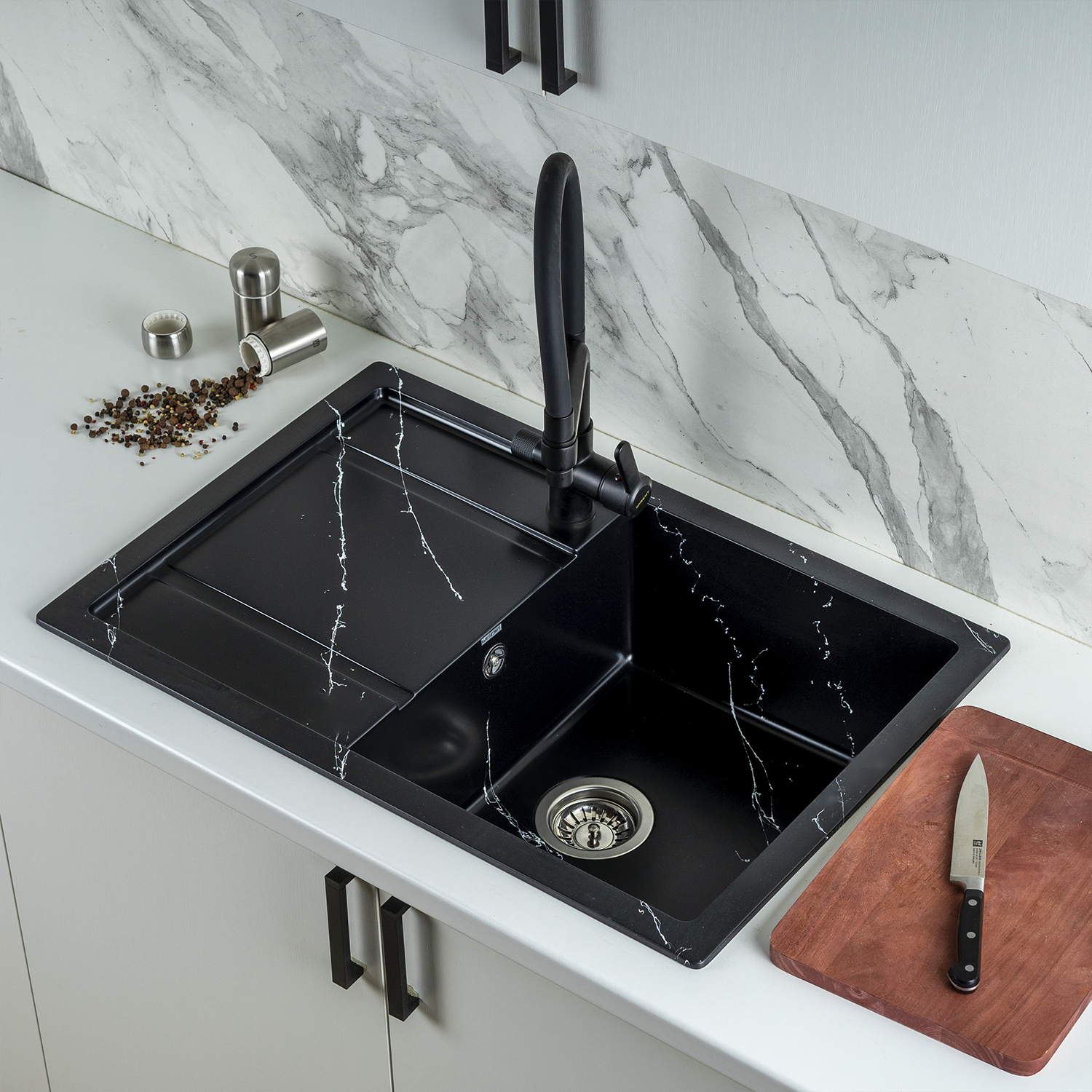 Изображение товара Мойка для кухни из искусственного камня Wisent WB27-11 Мрамор Черно-белый 510x760