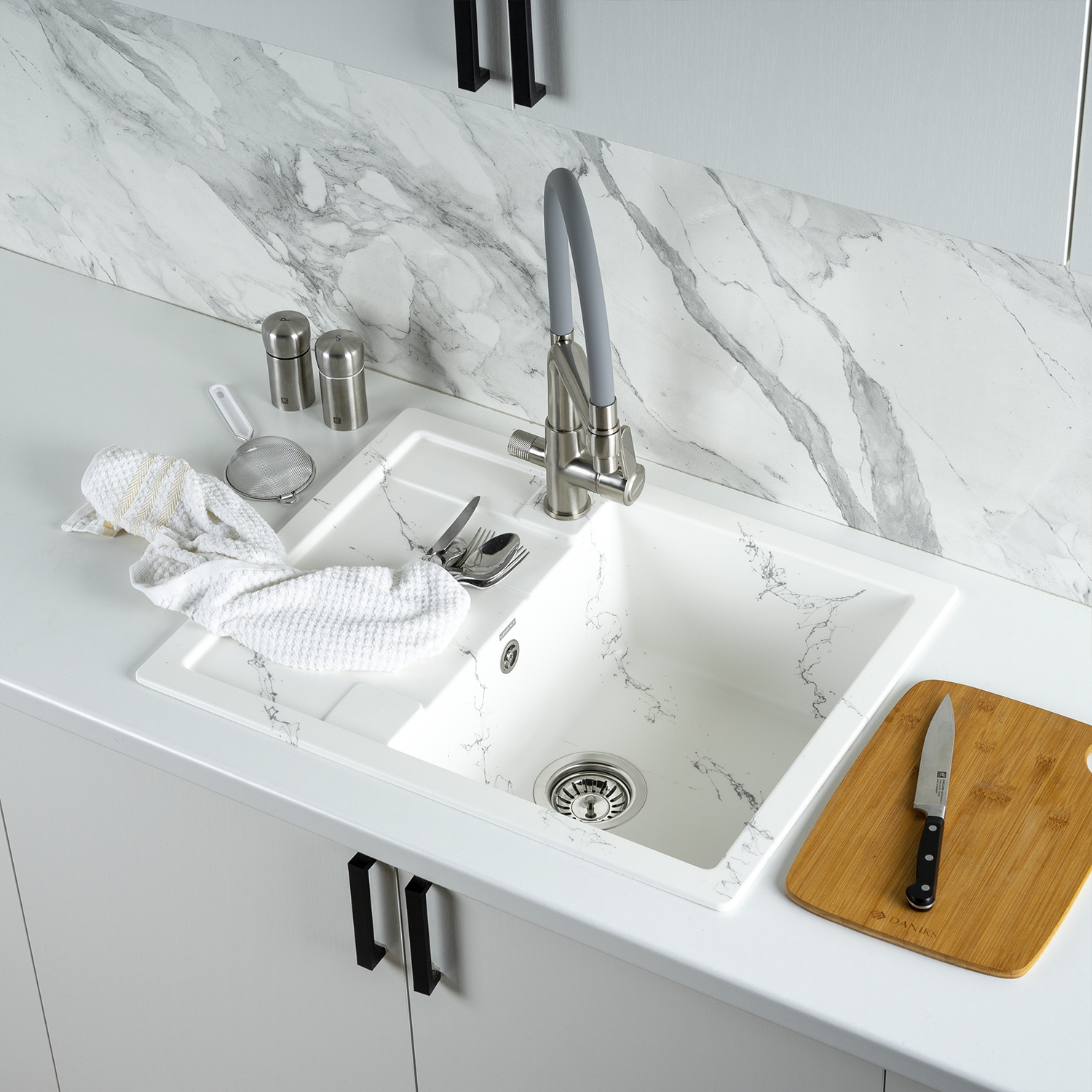 Изображение товара Мойка для кухни из искусственного камня Wisent WB22-10 Мрамор Бело-серый 50x65