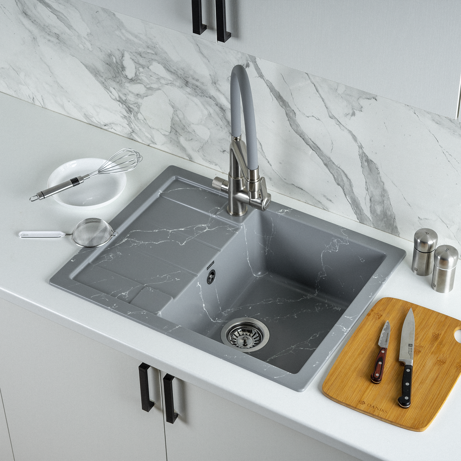 Изображение товара Мойка кухонная из искусственного камня Wisent WB22-17 Мрамор Серо-белый 50x65 см