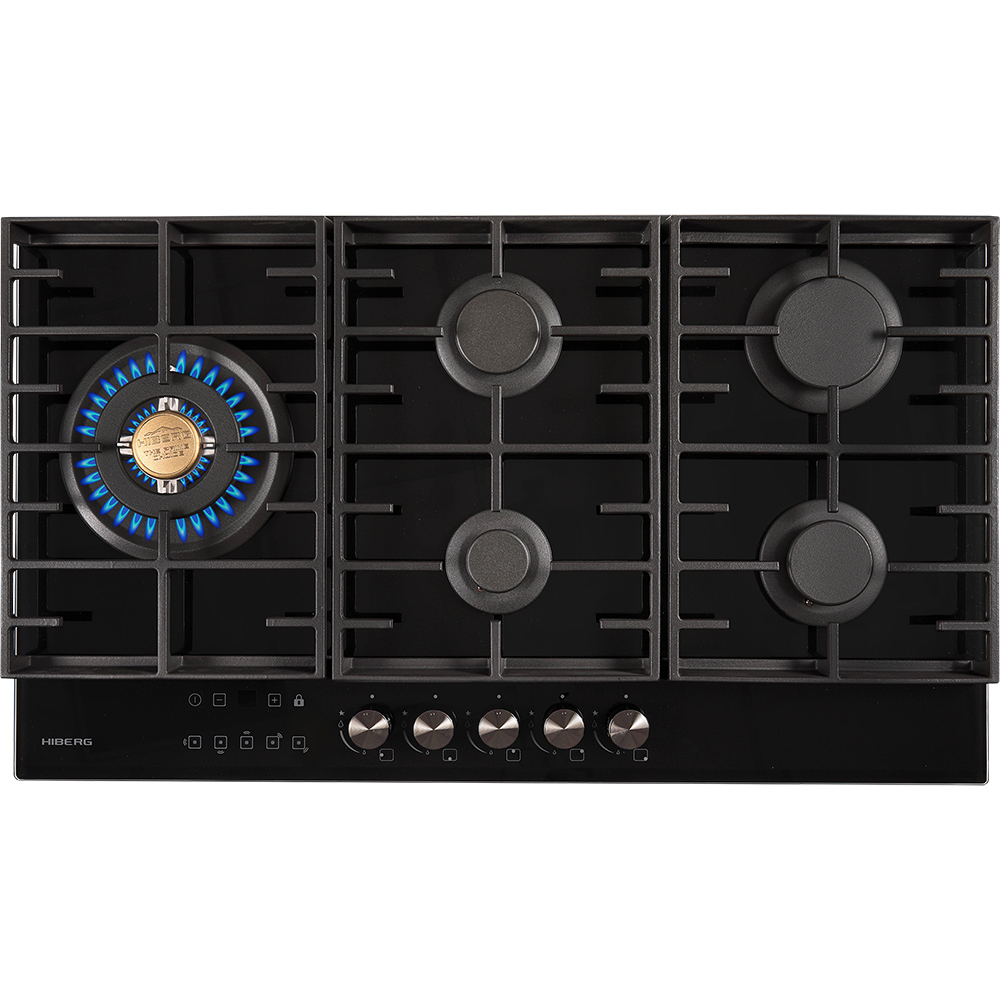 Изображение товара Газовая варочная панель Hiberg VM 9155 B 88 см 5 конфорок цвет черное закаленное стекло