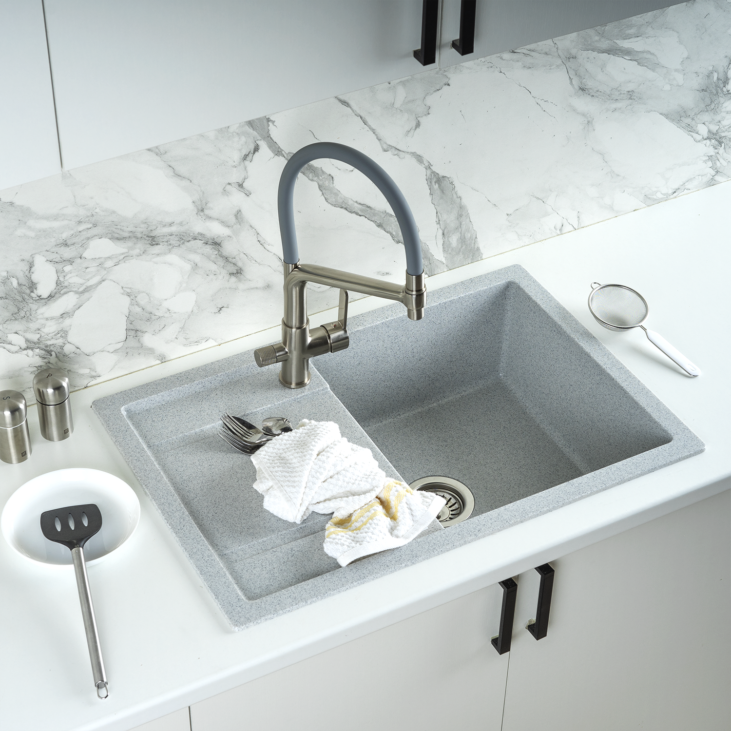 Изображение товара Мойка кухонная из искусственного камня Gerhans B27-19 с крылом серого цвета 760х510мм