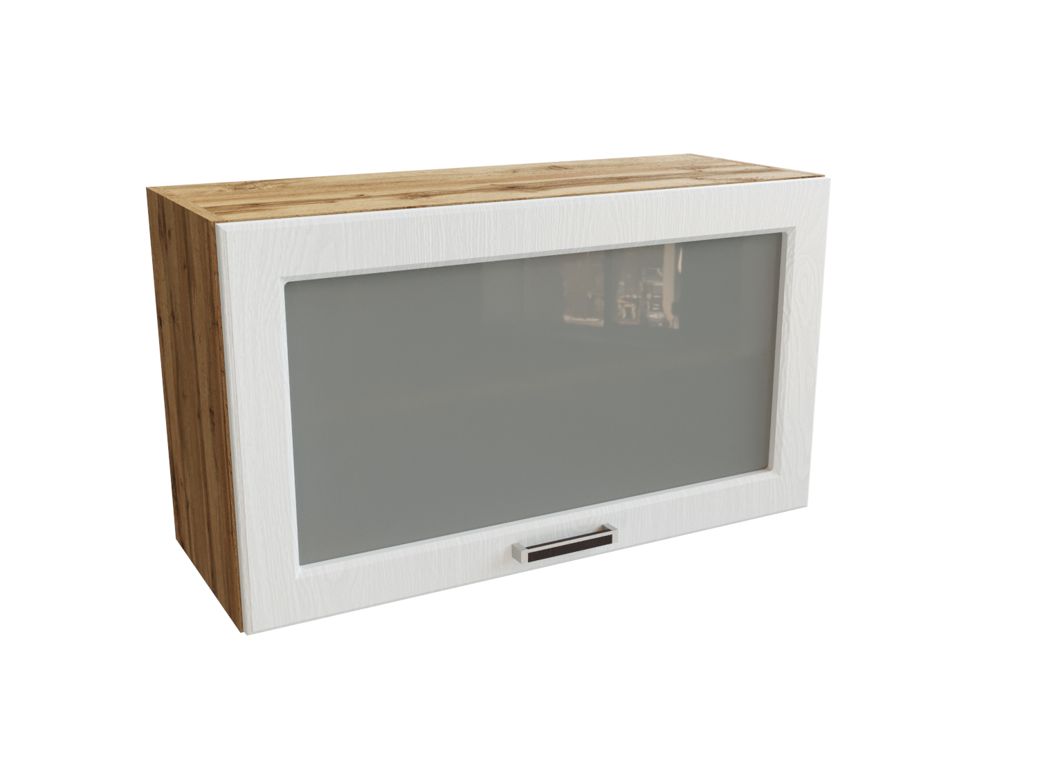 Изображение товара Навесной шкаф Прага горизонтальный со стеклом 80x46x31.80 см фасад белый дуб МДФ каркас дуб вотан ЛДСП Сурская Мебель
