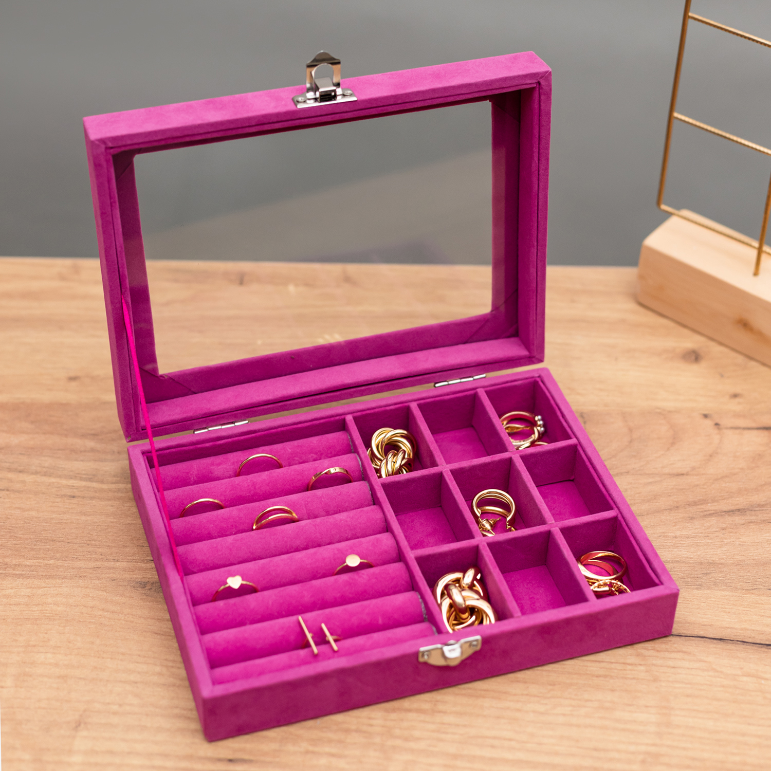 Изображение товара Шкатулка Clox для украшений органайзер для хранения ювелирных украшений сундук для сережек колец и браслетов ярко-розовый