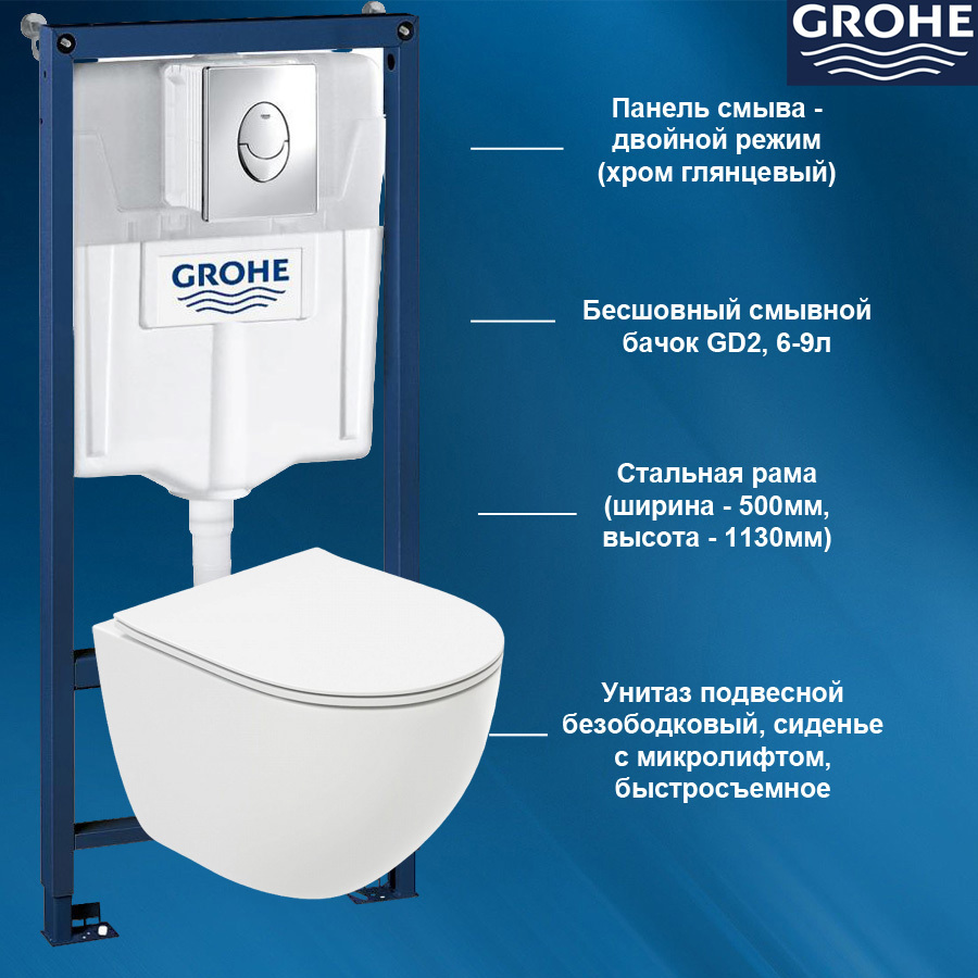 Изображение товара Комплект инсталляции и унитаза GROHE Rapid SL 38721001 с регулировкой смыва