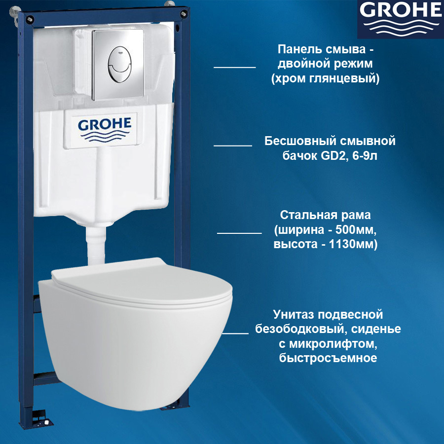 Изображение товара Комплект инсталляция и унитаз GROHE Rapid SL белый и хром и тюча