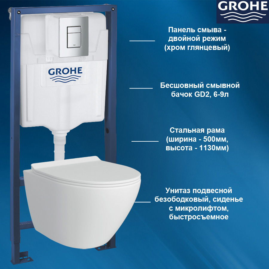 Комплект инсталляция и унитаз GROHE Rapid SL 38772001T3 цвет кнопки ...