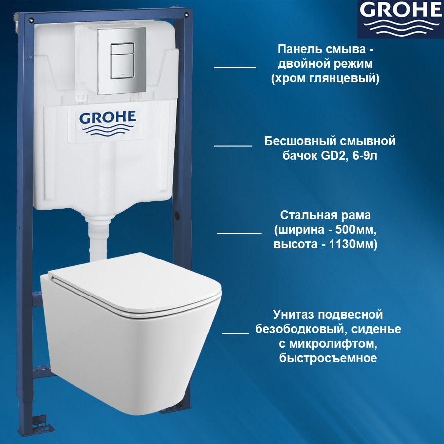 Изображение товара Комплект инсталляции и унитаза GROHE Rapid SL 38772001 белый хромированный