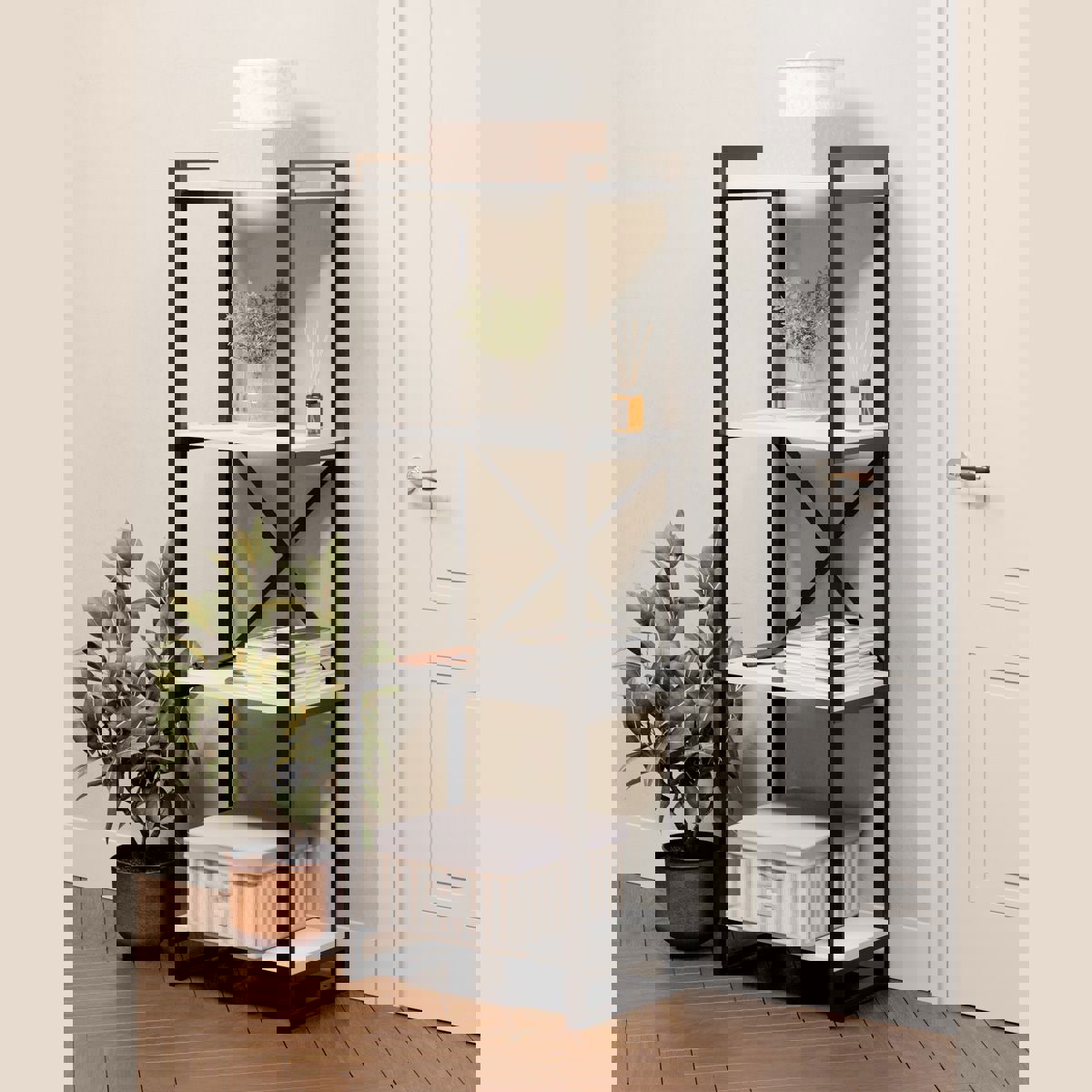 Изображение товара Стеллаж ММК 55x152x33 см ЛДСП белый многофункциональный стиль лофт