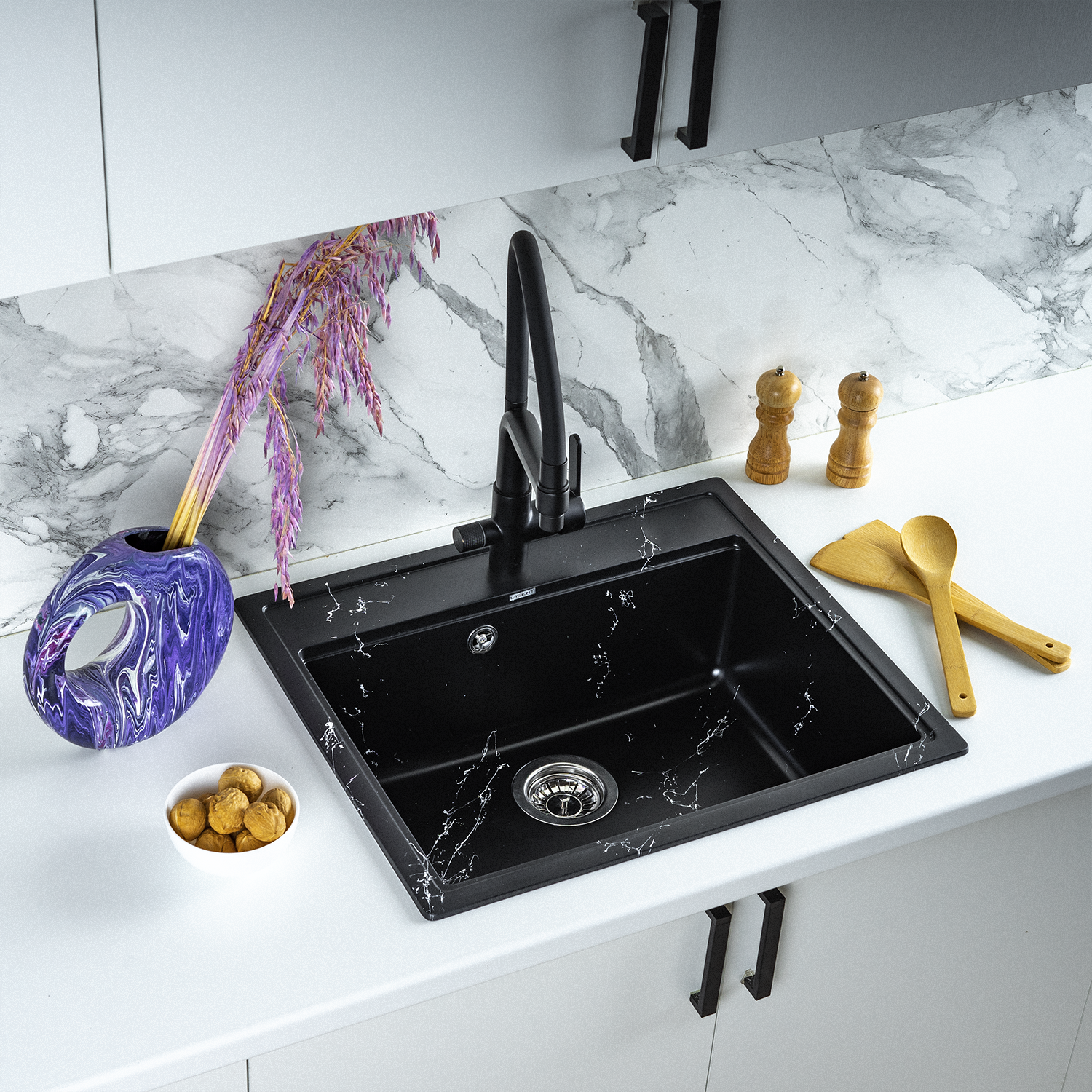 Изображение товара Мойка для кухни из искусственного камня Wisent WA12-11 Мрамор Черно-белый 595x515 мм