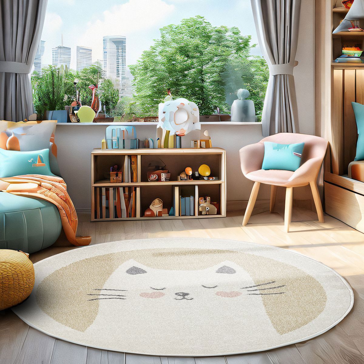 Изображение товара Круглый ковер Призма диаметром 100 см из полипропилена с абстрактным рисунком желтого цвета