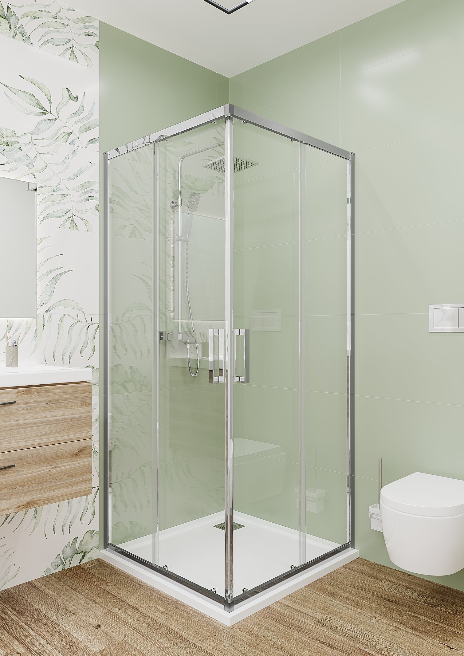 Изображение товара Душевой уголок Март Квадро квадратный 100x100 см хромированный профиль прозрачное стекло раздвижной