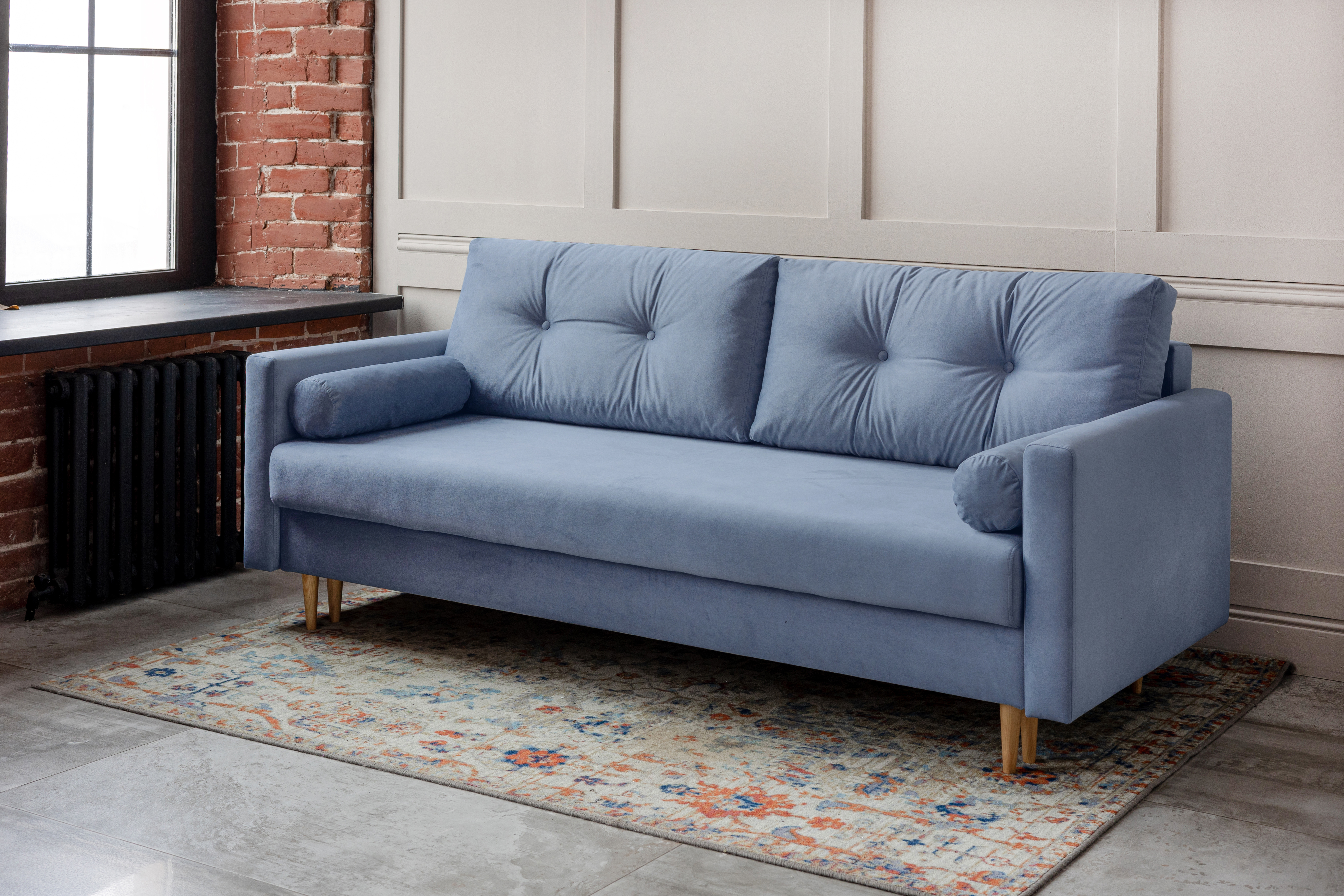 Изображение товара Диван Смк Кристиан 220x89x89 см велюр серо-голубой с механизмом Еврокнижка