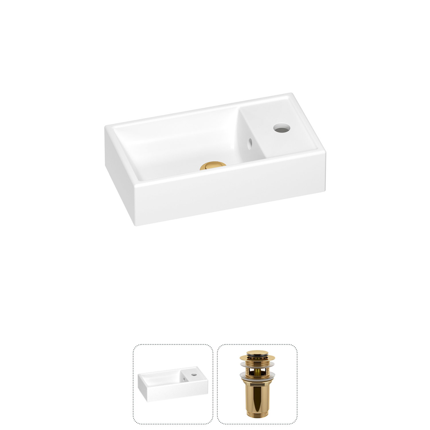 Изображение товара Мини-раковина для ванной Wellsee WC Area 40 см с донным клапаном и золотыми элементами