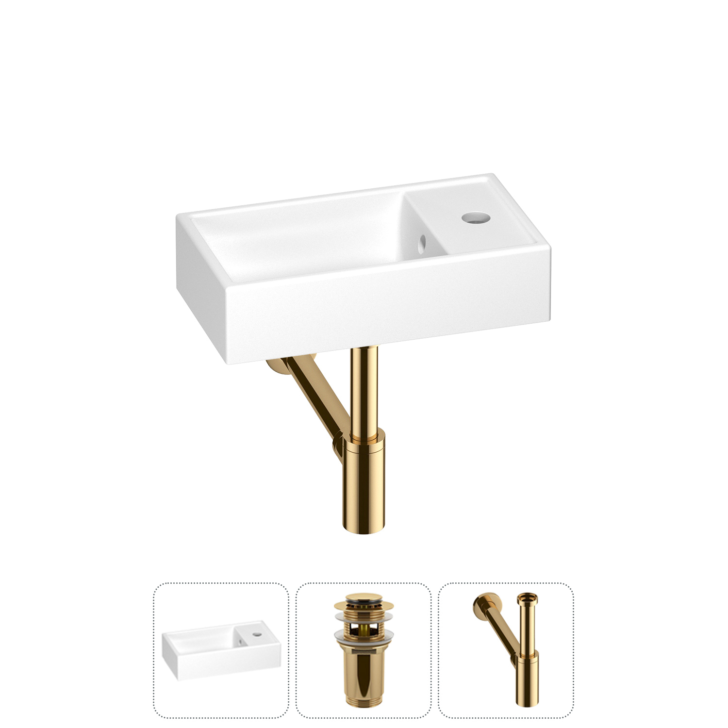 Изображение товара Мини-раковина для ванной Wellsee WC Area 40 см с донным клапаном и сифоном золото
