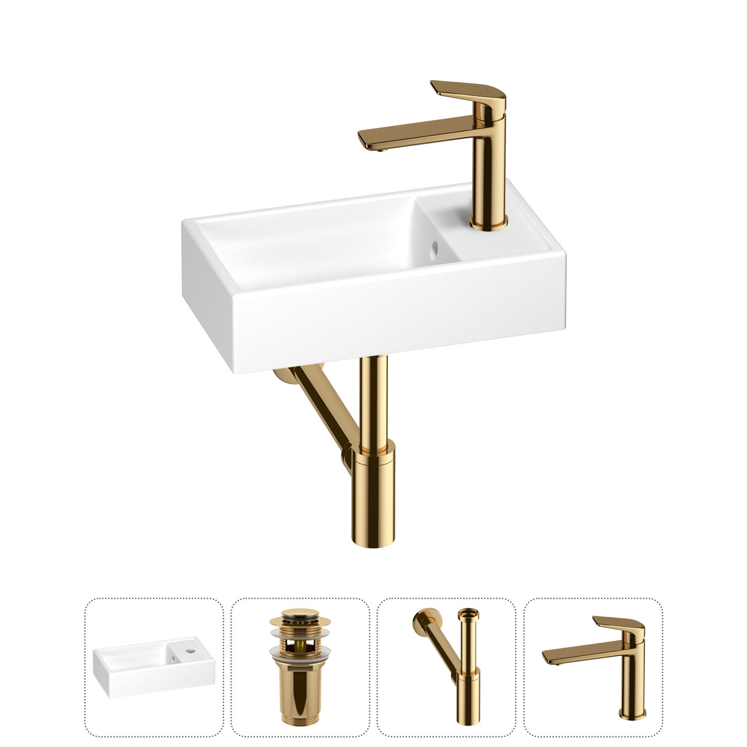 Изображение товара Мини-раковина WELLSEE WC Area 40 см с донным клапаном сифоном и смесителем золото