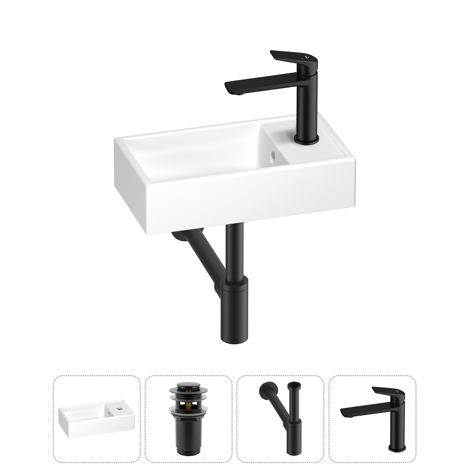 Изображение товара Мини-раковина 40 см с донным клапаном сифоном и смесителем в цвете матовый черный