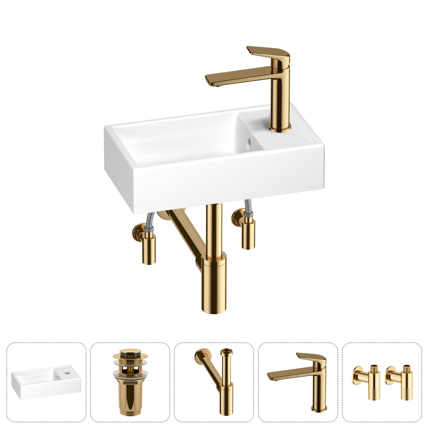 Изображение товара Мини-раковина для ванной Wellsee WC Area 202010469 40 см с донным клапаном, сифоном, смесителем и угловыми вентилями цвет золото