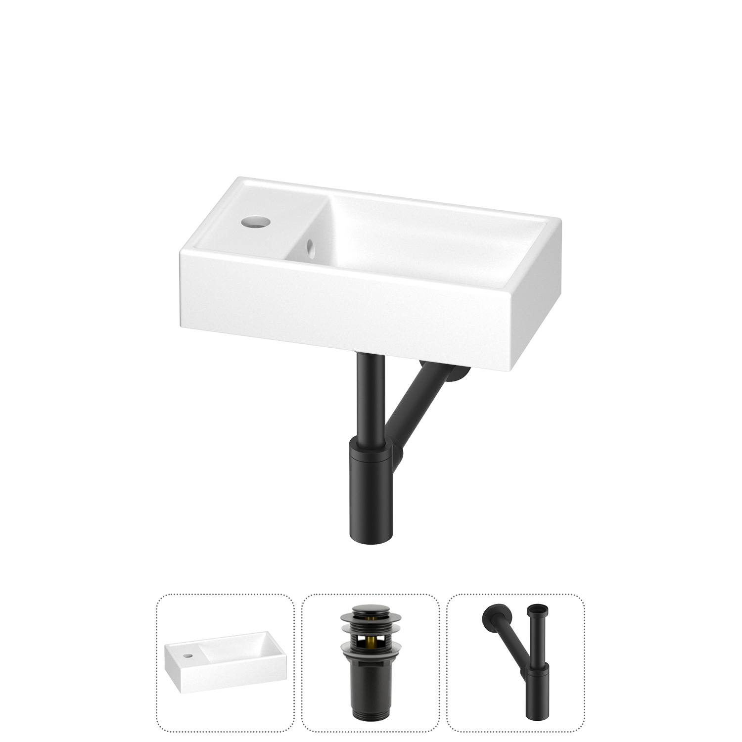 Изображение товара Мини-раковина Wellsee WC Area 40 см черный глянец донный клапан сифон