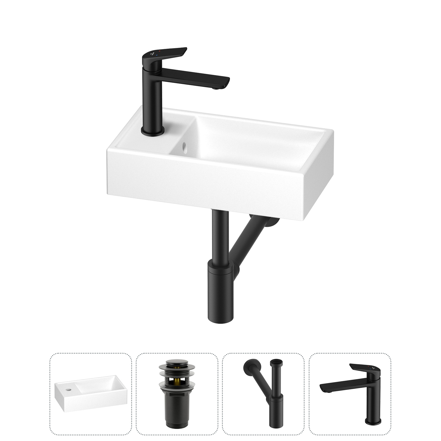 Изображение товара Мини-раковина для ванной Wellsee WC Area 202010496 40 см с донным клапаном, сифоном и смесителем цвет матовый черный