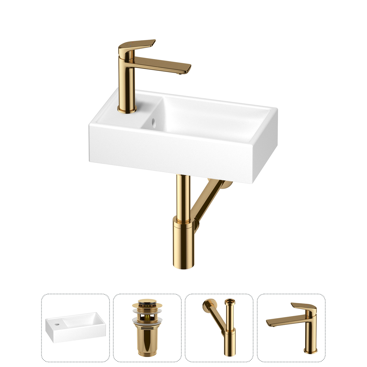 Изображение товара Мини-раковина для ванной Wellsee WC Area 40 см с донным клапаном и смесителем золото