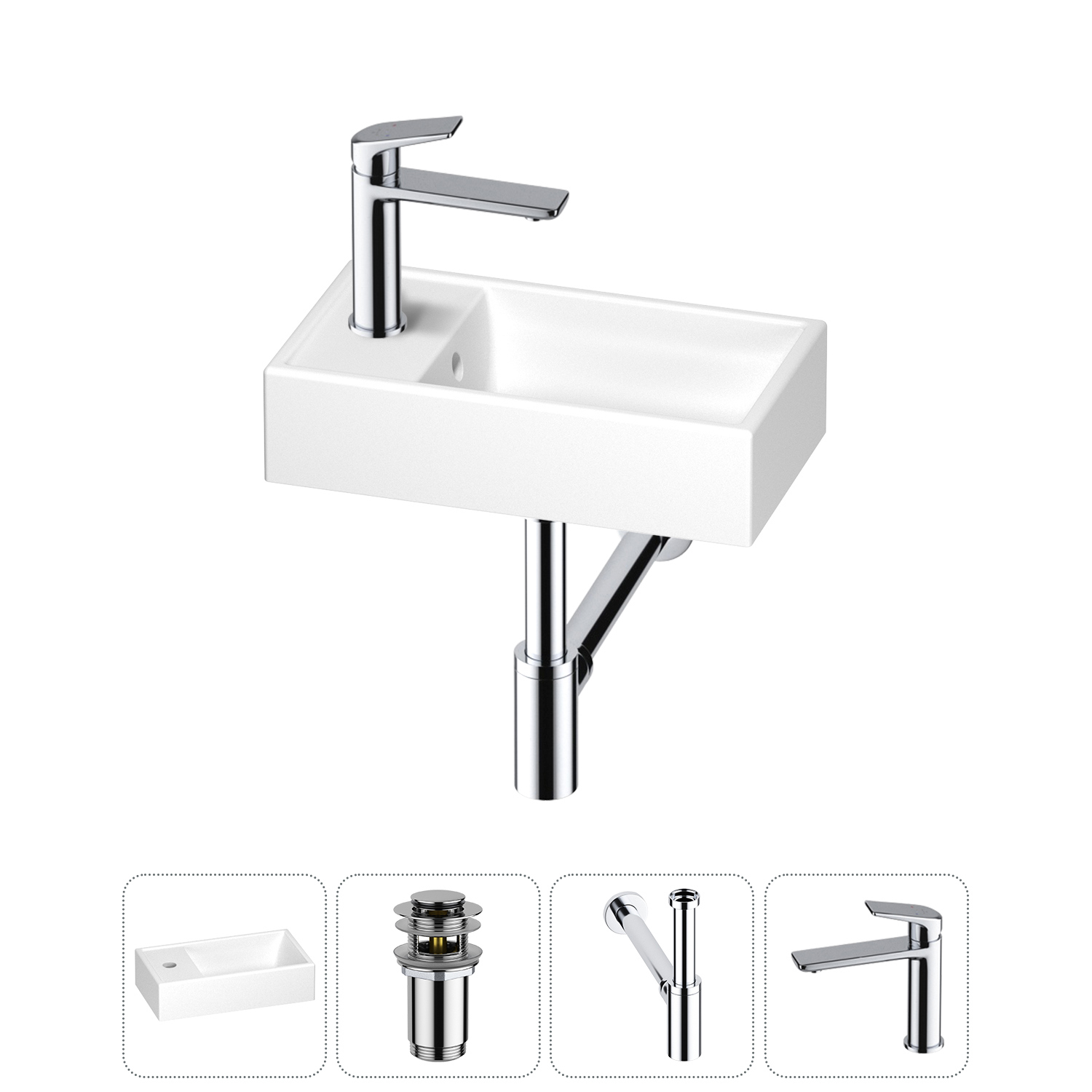 Изображение товара Мини-раковина для ванной Wellsee WC Area 40 см с донным клапаном сифоном и смесителем хром