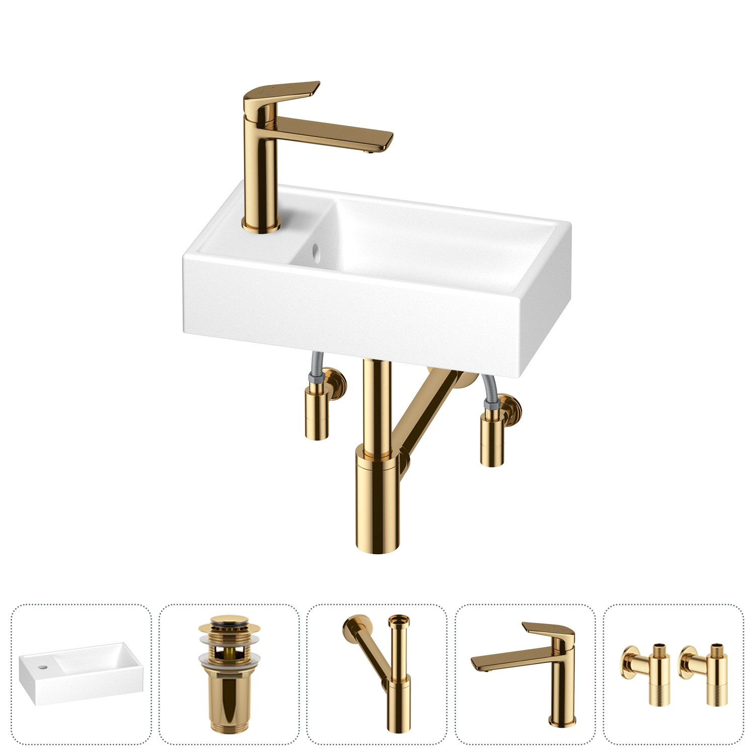 Изображение товара Мини-раковина Wellsee WC Area 40 см с донным клапаном и смесителем золото