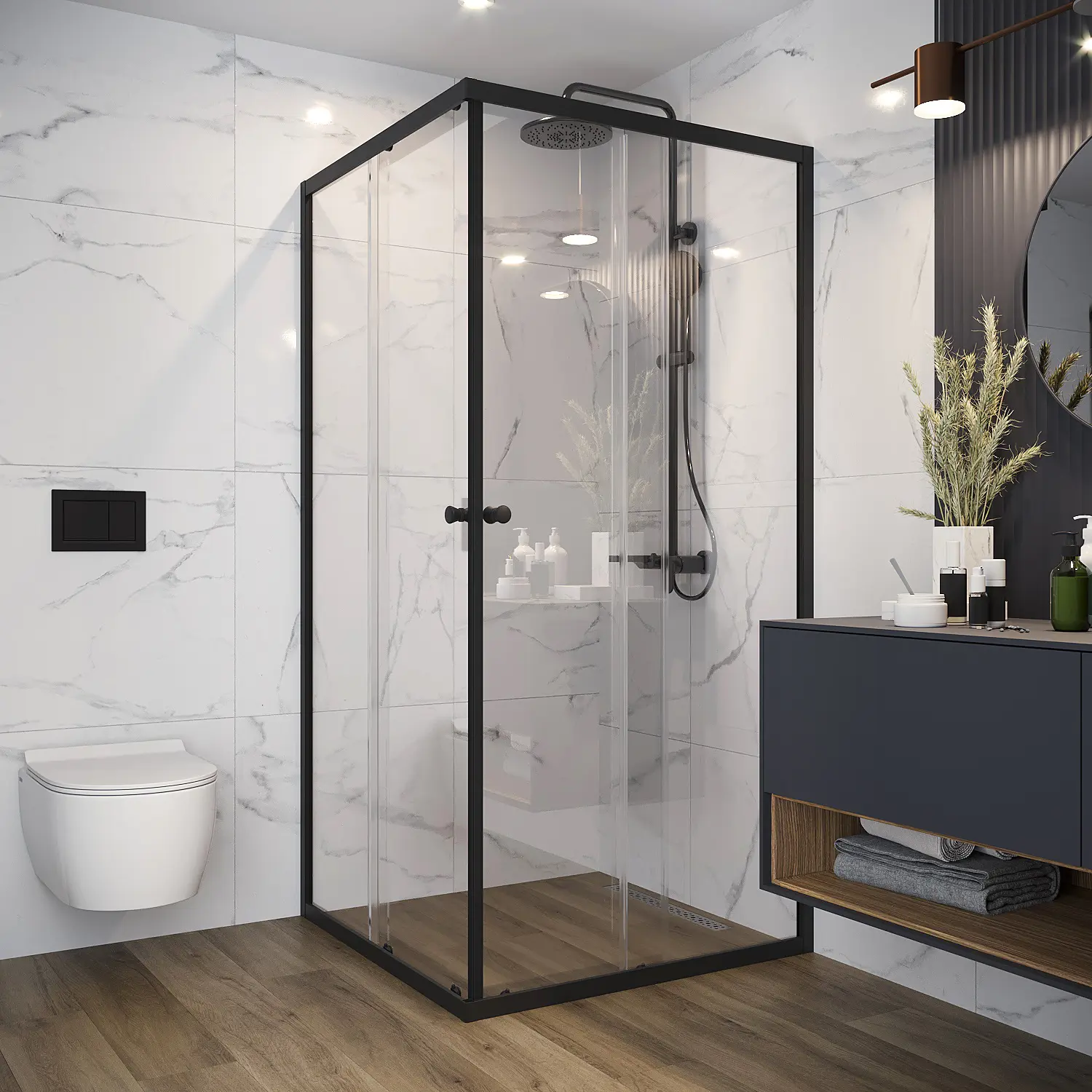 Душевой уголок Domani-Spa Cube квадратный 90x90 см черный профиль прозрачное стекло раздвижной - 10
