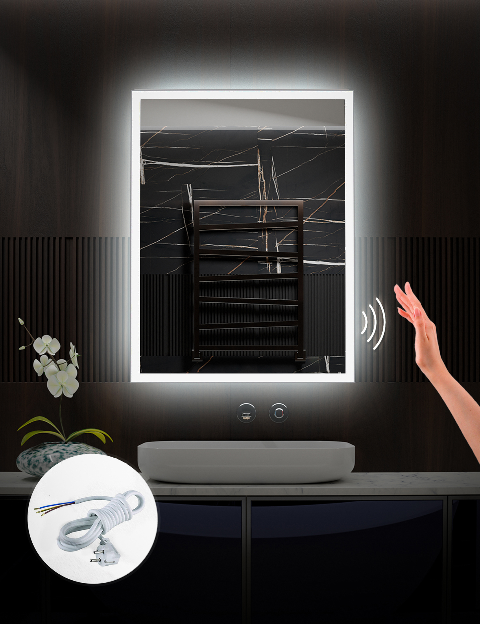 Изображение товара Зеркало для ванной Alfa mirrors Niko-57 с подсветкой 50x70 см с датчиком и антизапотеванием