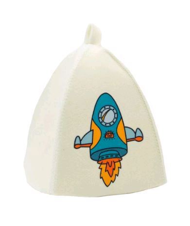 Изображение товара Детская банная шапка из войлока Банный Мир с рисунком Ракета, белая