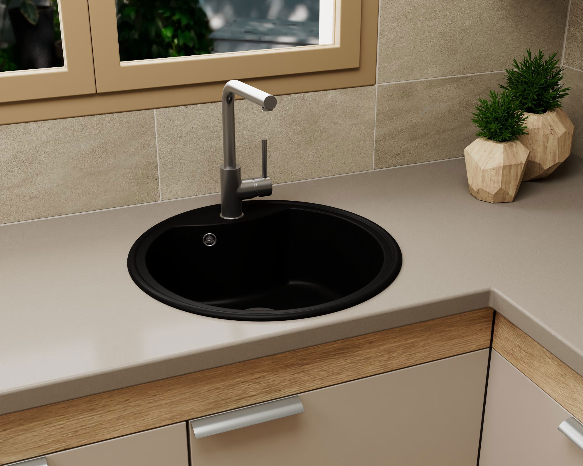 Изображение товара Мойка для кухни Bauedge Gr0108 21x51 см выпуск с сифоном в комплекте глубина чаши 19 см выпуск с сифоном в комплекте искусственный камень цвет черный