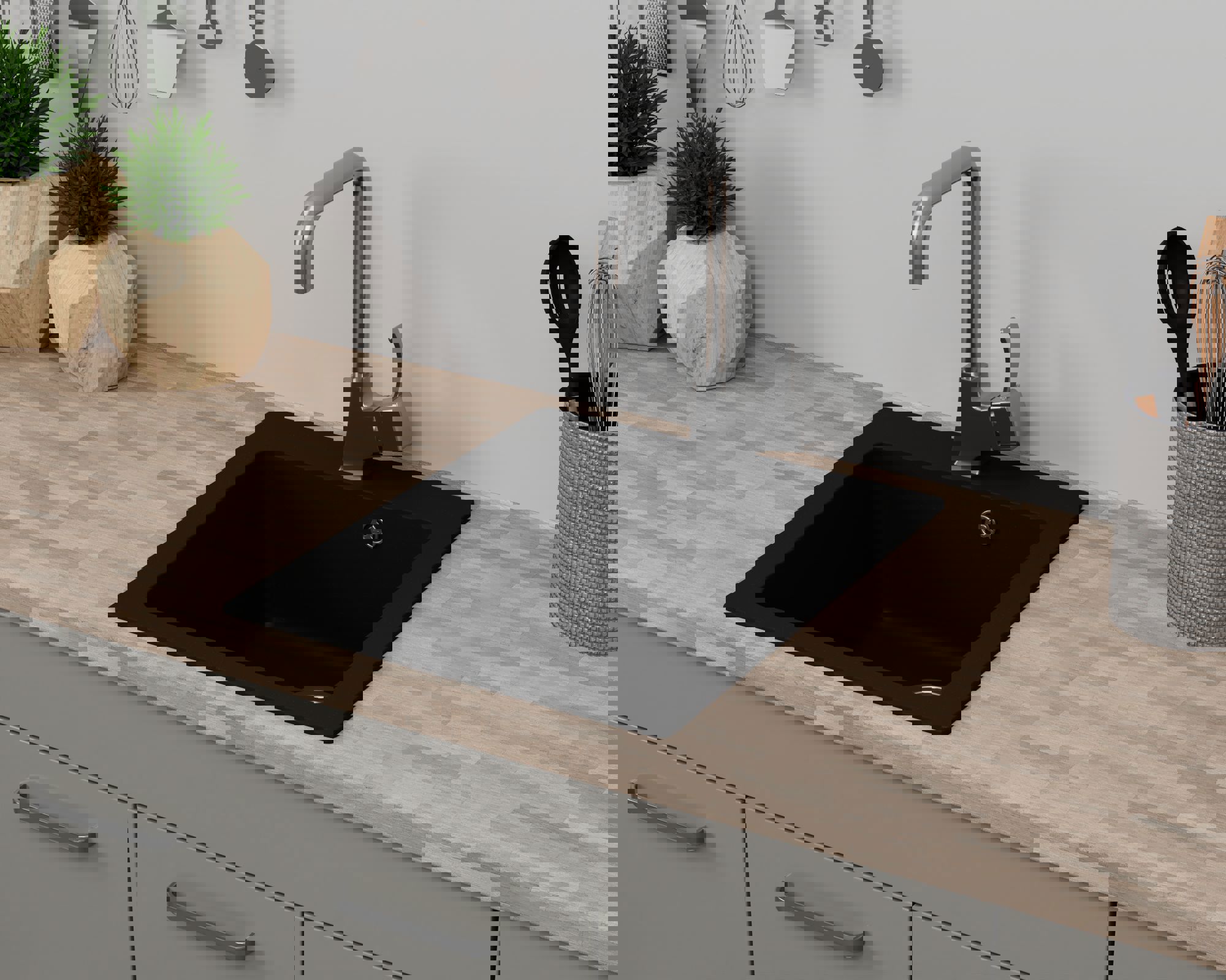 Изображение товара Кухонная мойка Bauedge Gr0117 из искусственного камня черная 50x42 см с сифоном