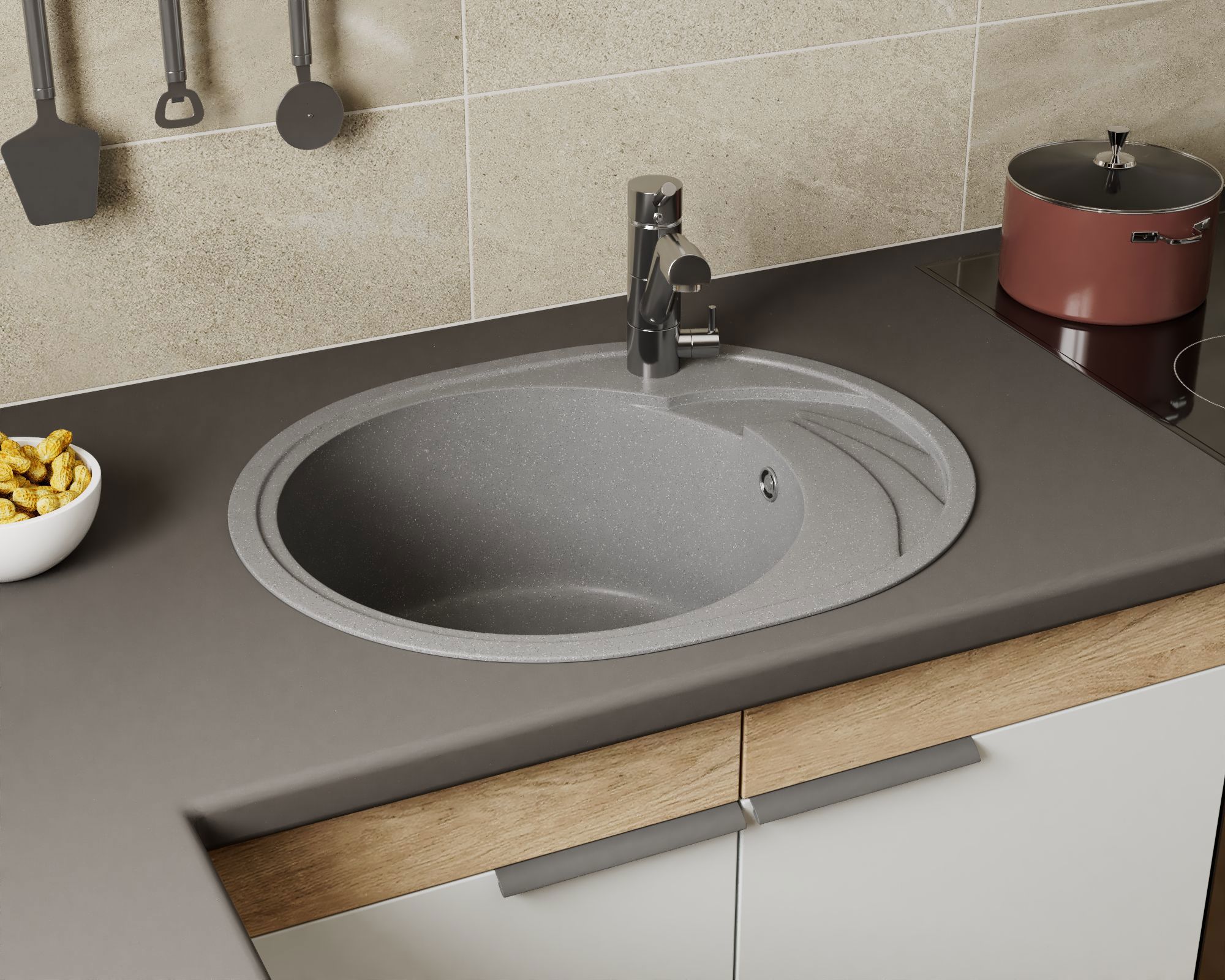 Изображение товара Мойка для кухни Bauedge Gr0139 оборачиваемая овальная 20x39 см выпуск с сифоном в комплекте глубина чаши 18 см выпуск с сифоном в комплекте искусственный камень цвет темно-серый